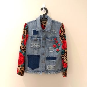 AZI Floral Leopard Embroidered Denim Jean Jacket